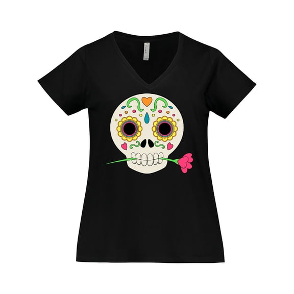 Inktastic DÃ­a De Los Muertos Skull with Flower Women's Plus Size V-Neck T-Shirt