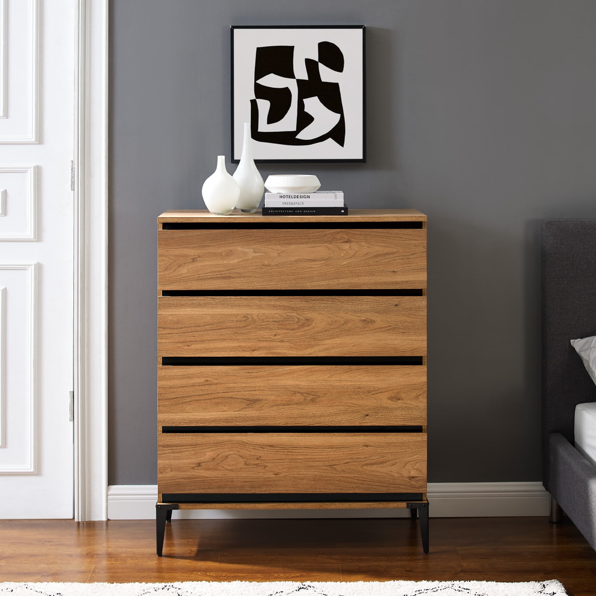 4 Drawer Vertical Dresser English Oak, Modern Industrial Dresser
