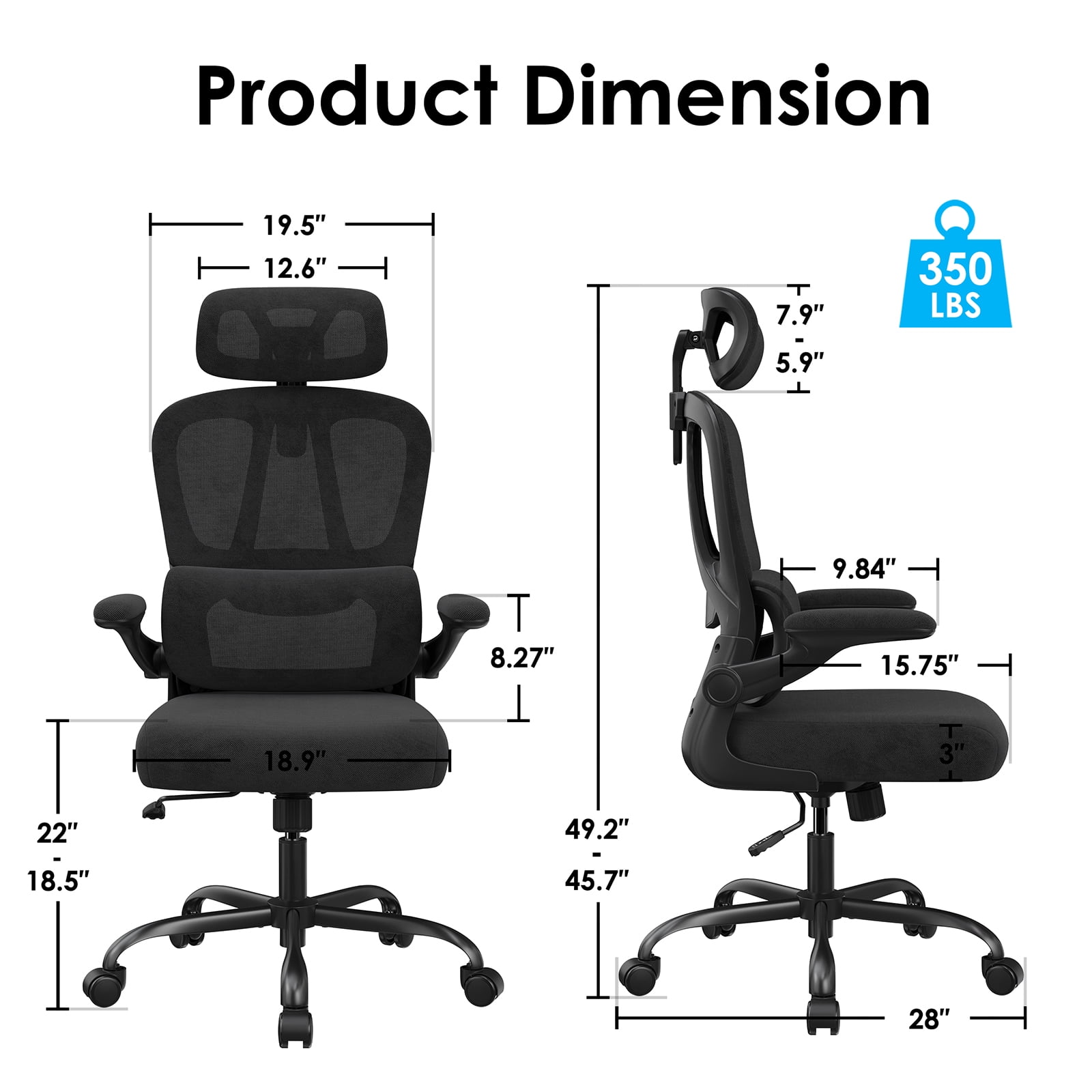 Farini Ergonomic Office Chair, Adjustable High Back Mesh Desk Chair with Lumbar Support, 2D Headrest , Black