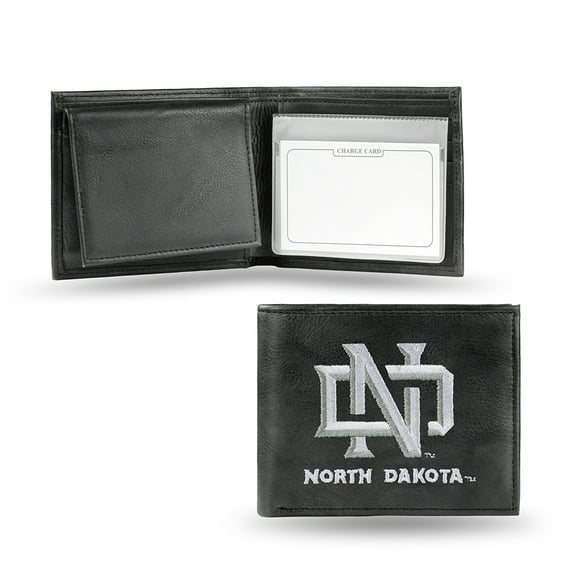 University of North Dakota Fighting Hawks Premium Black Leather Wallet, Bifold Billfold, Embroidered Logo