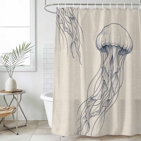 54x78 Inch Shower Curtain Decorative Jellyfish Coastal Bathtub Bath Curtains Fabric Waterproof Bathroom Decor, Nautical Summer Ocean Seaside Rustic Small Stall Shower Curtain Set with 12 Hooks