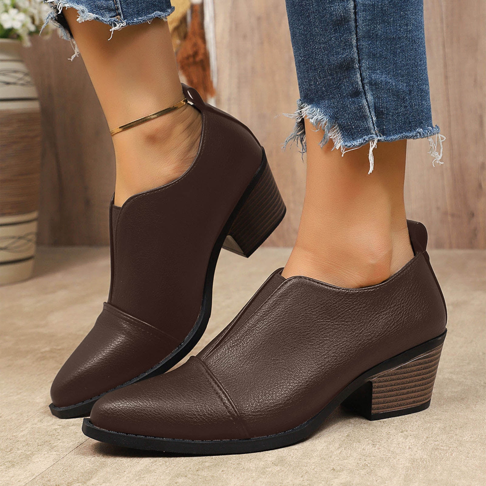 Oyedens Womens Dress Oxfords Slip on Ankle Booties Fashion Leather Pointed Toe Stacked Mid Heel Office Work Short Dressy Boots Winter Fall Shoes for