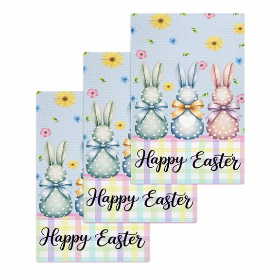 Easter Bunny Kitchen Dish Towels for Drying Dishes Set of 3, Spring Watercolor Polka Dot Flower Plaid Blue Waffle Weave Microfiber Hand Tea Bathroom Towels Quick Dry & Absorbent Towel 15.7x23.6