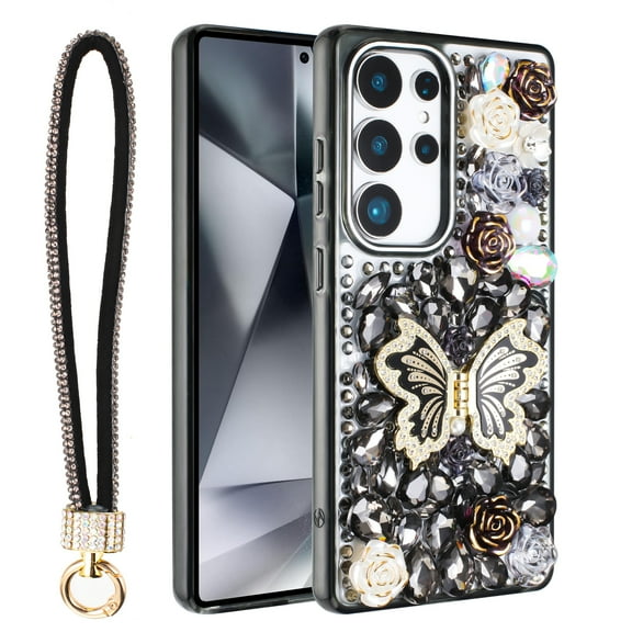 For Samsung Galaxy S25 Ultra / SM-938 Luxury Diamond Rose 3D Butterfly Kickstand Design With Strap Raised lip Screen Camera Protection Shockproof Case Cover Black