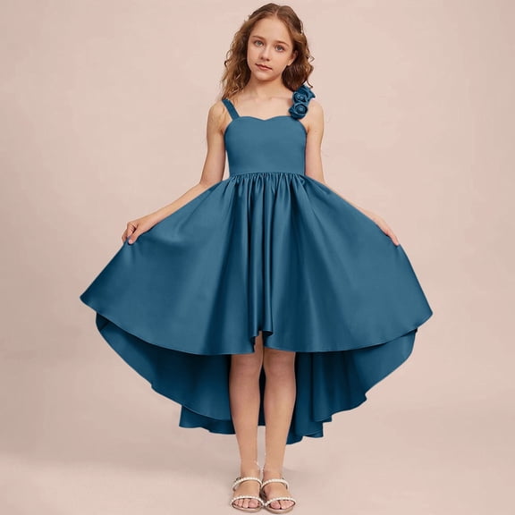 Girls Princess Party Dress with Shoulder Rose, Sleeveless Flower Girl Gown for Wedding Birthday Pageant, Elegant Tulle Net Skirt for Special Occasions, Age 2-12 Years Blackish Green 110
