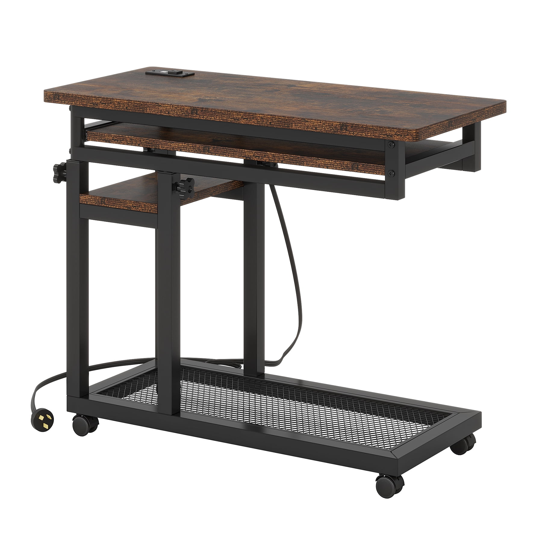 Fnova Small Portable Desk with Charging Station, Height Adjustable Mobile Desk with 4 Wheels, USB Ports & Power Outlet, Rolling Computer Cart, C Side Table for Sofa Couch Bedside, Brown