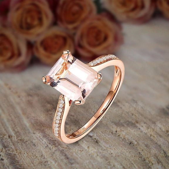 1.25 Carat Peach Pink Morganite (emerald cut Morganite) and Diamond Engagement Ring with 18k Gold Plating
