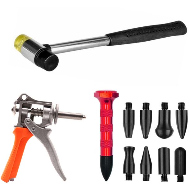 Kits de herramientas de reparación de abolladuras sin pintura para coches Pinzas de agujero plano, calibrador, martillo para abolladuras, bolígrafo con 9 cabezales, taza de herramientas
