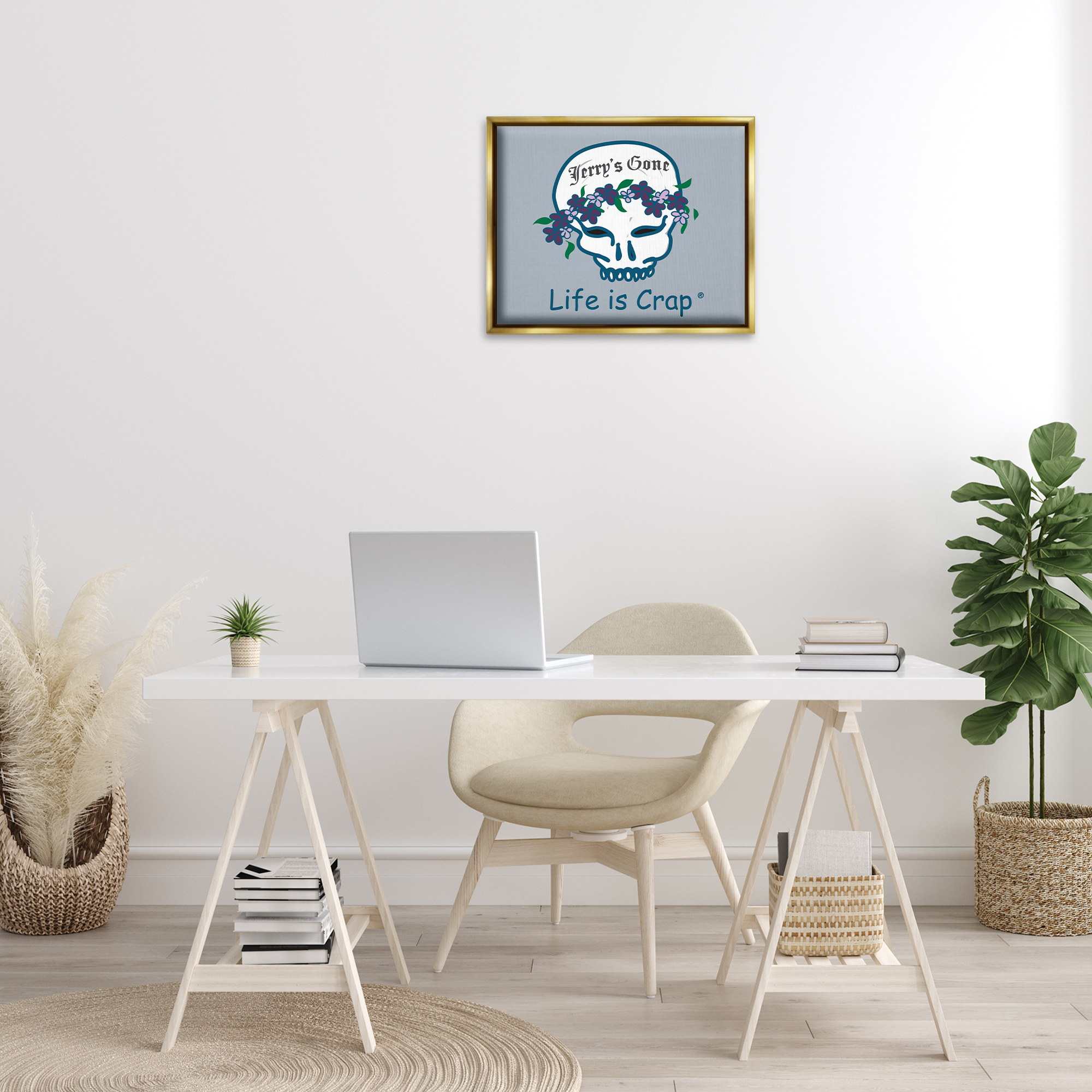 Stupell Industries Jerry's Gone Skull Novelty & Humor Painting Gold Floater Framed Canvas Art Print Wall Art, 21 x 17