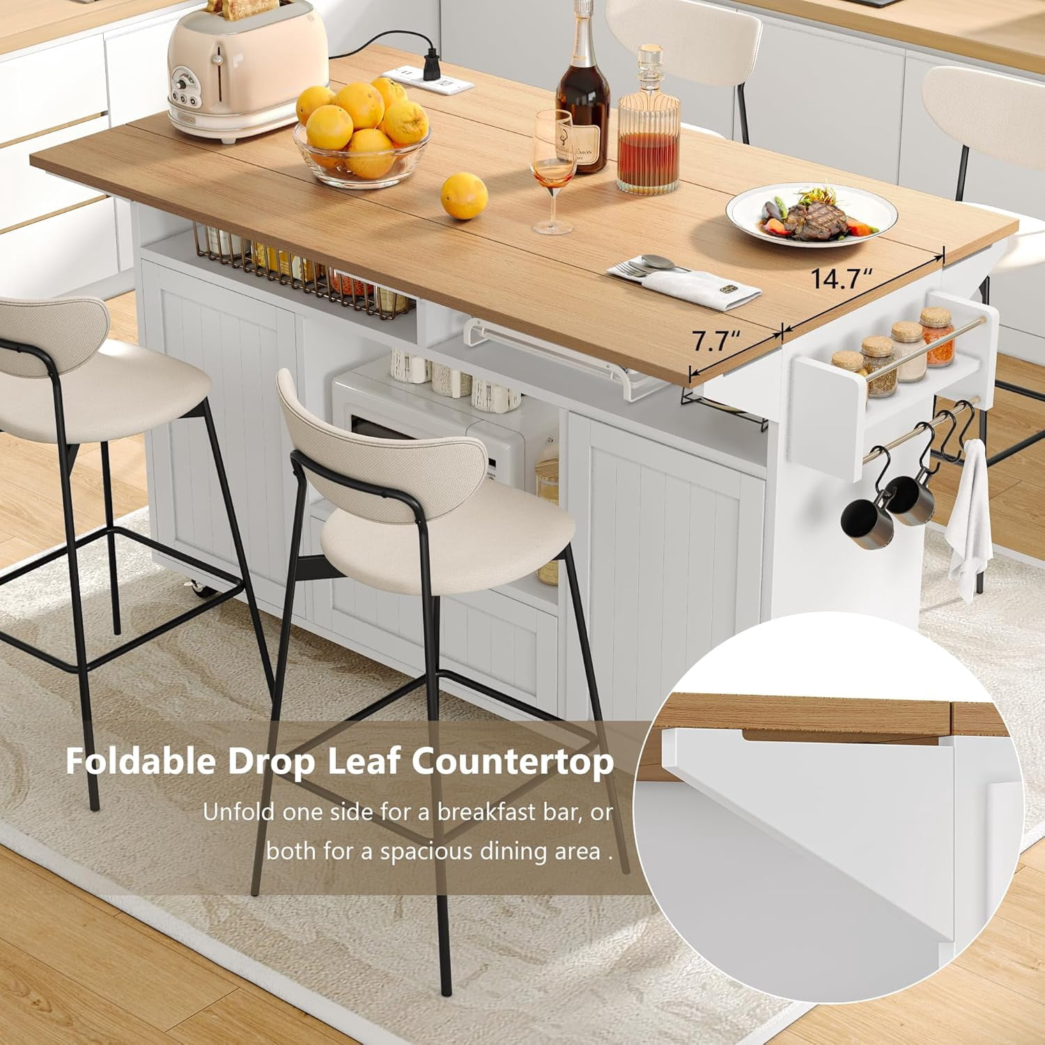 55" Movable Kitchen Island with Drop Leaf and Power Outlet, Rolling Kitchen Cart with Trash Storage Cabinet,White