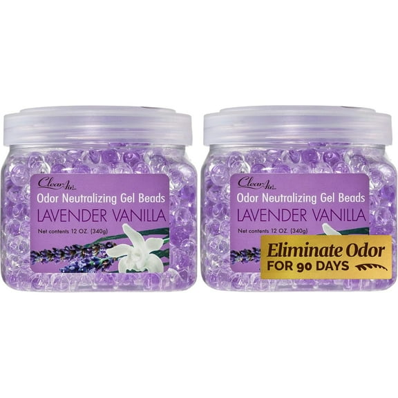 Clear Air Odor Eliminator Gel Beads - 12 oz, Pack of 2 - Air Freshener Made with Essential Oils - Eliminates Odors in Bathrooms, Cars, Boats, RVs & Pet Areas - Lavender Vanilla Scent