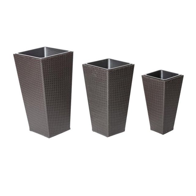 Benzara BM172105 Anodized Aluminum Rattan Planter - Brown, Set of 3