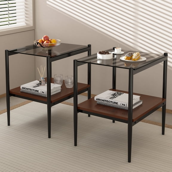 Set of 2 Rectangle End Table, Tempered Glass Tabletop with MDF Layer, Modern Table for Living Room, Gray Glass