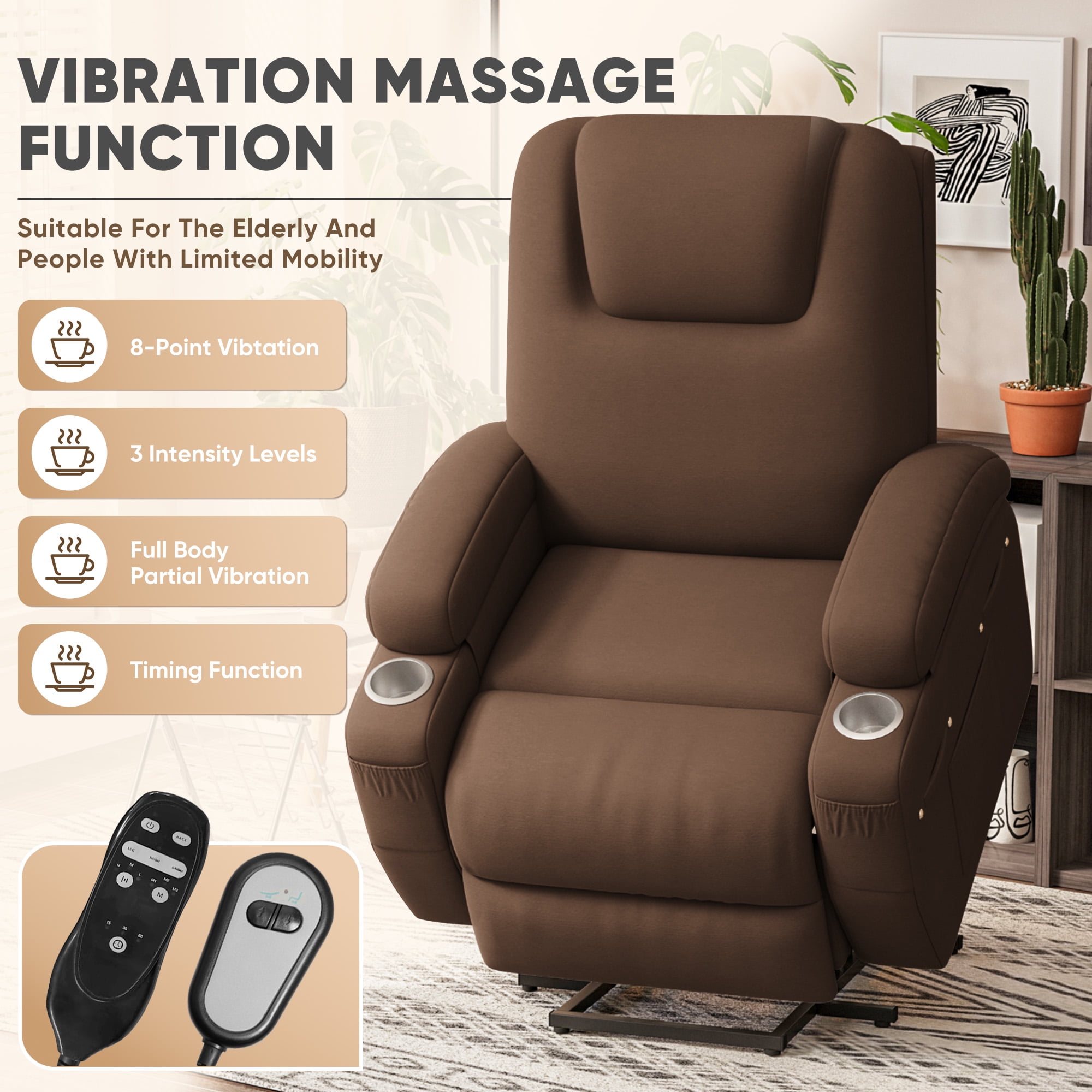 Homall Power Lift Recliner with Eight Vibrating Massages Ergonomic Single Sofa with Side Pocket for Elderly,Brown