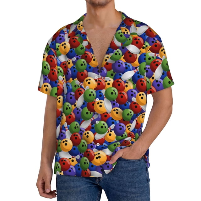 Balery Bowling Colorful Camisa Casual de Manga Corta con Botones para Hombre, Texturizada, Estilo Cubano, para Playa, Verano-Small