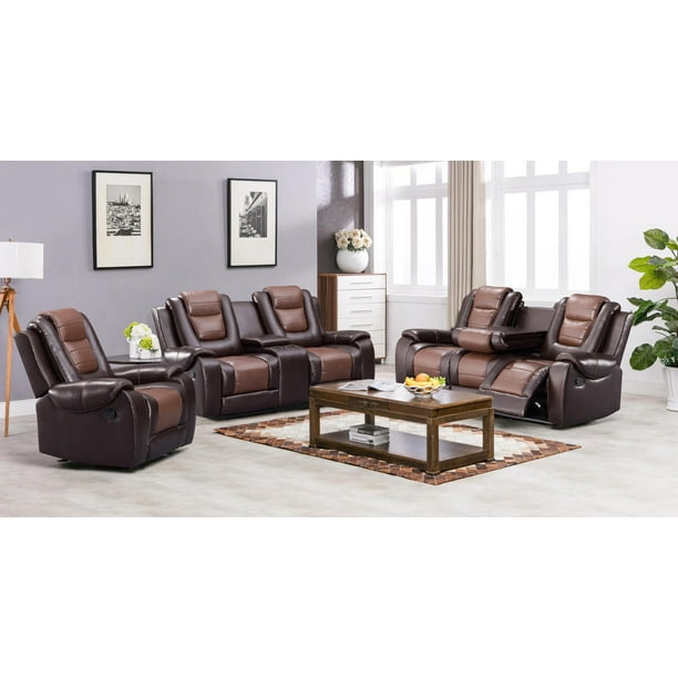 Reclining 3 Piece Living Room Set In Brown Cream Sofa Drop Table Loveseat Chair Down Cup Holder With Storage Motion Com Sofa Drop Table Loveseat Chair, Sofa Loveseat Set With Cup Holders On