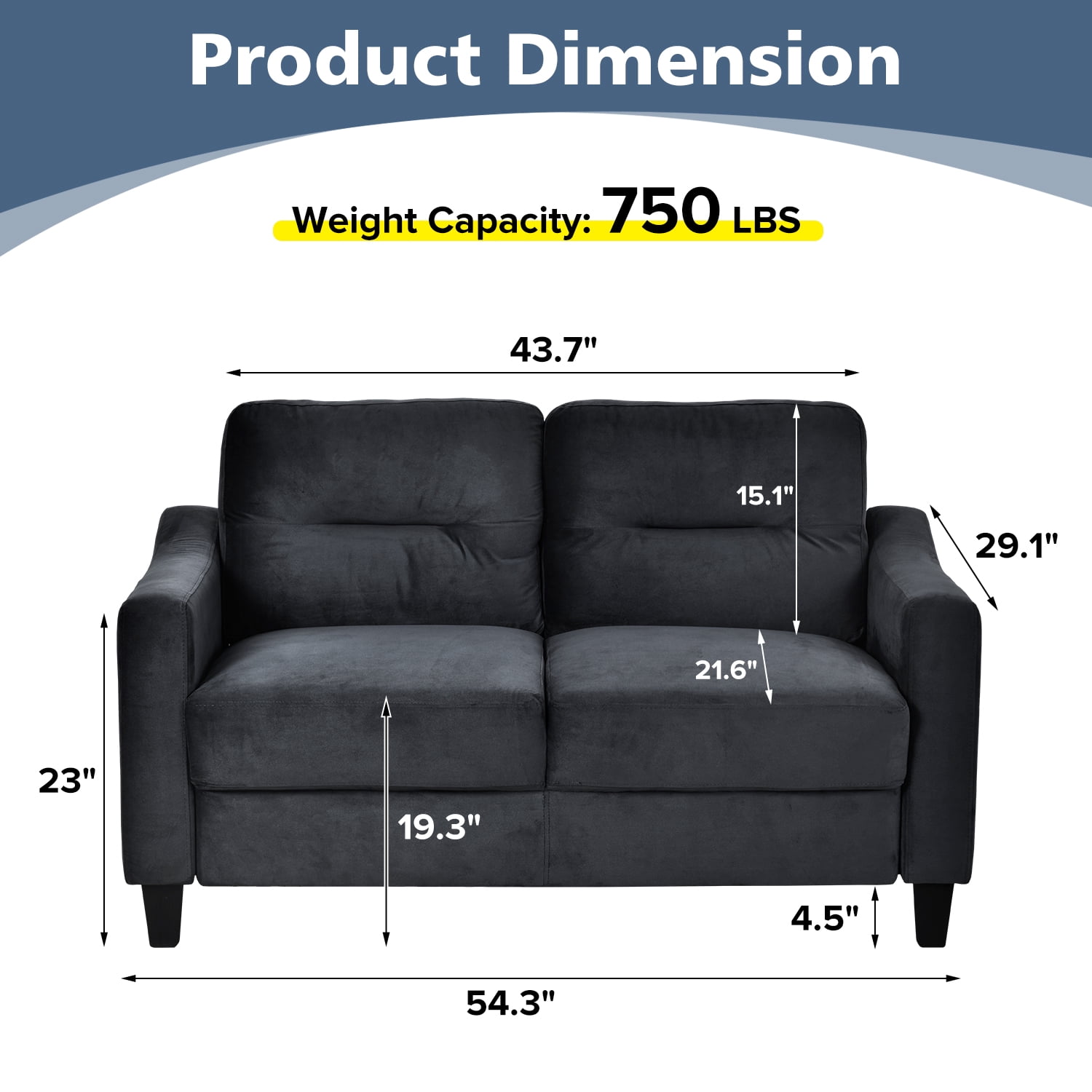 MOONMISS Velvet Loveseat Sofa Couch with Upholstered Cushion for Small Space Living Room Bedroom Office,Black