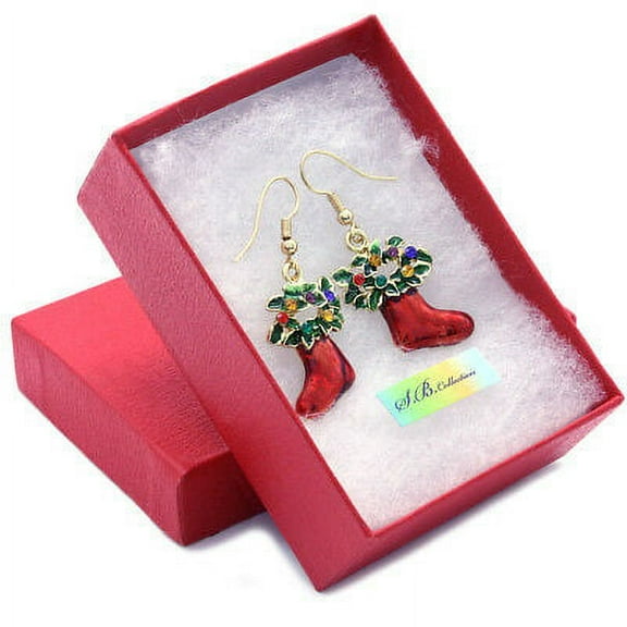 Red Christmas Gift Stocking Stuffers Dangle Hoop Earrings Rhinestones Enamel n3