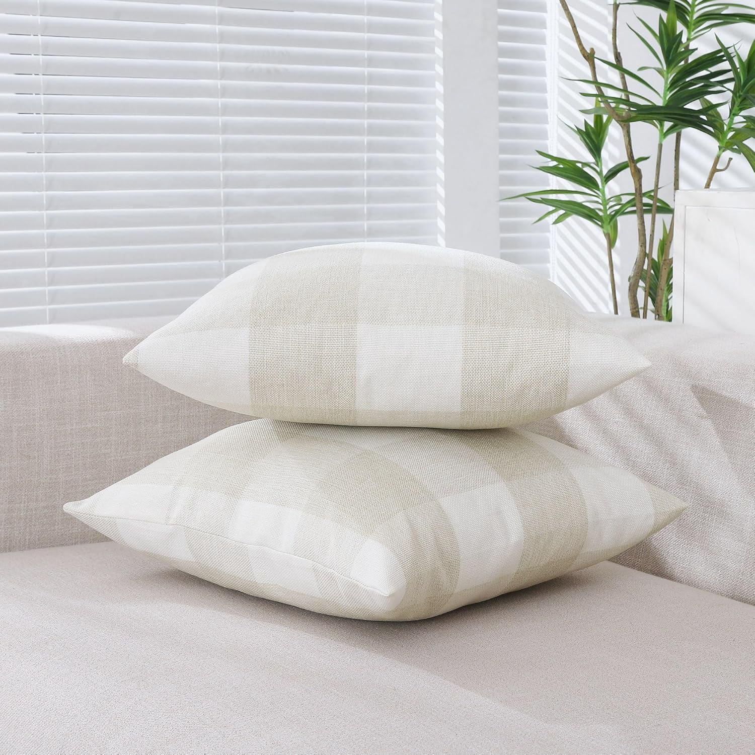 Beige Cream White 20x20 Outdoor Throw Pillow Covers Set of 2 Buffalo Plaid Farmhouse Pillow Covers 20 x 20 Inches, Boho Plaid Decor for Outdoor Patio and Yard