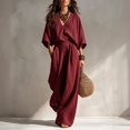 thumbnail image 2 of Clossjun Linen Sets for Women Dressy Casual Cozy Outfits 3/4 Sleeve Top & Wide Leg Pants Fall Vacation Lounge Sets for Work Out Teacher 2XL, 2 of 6