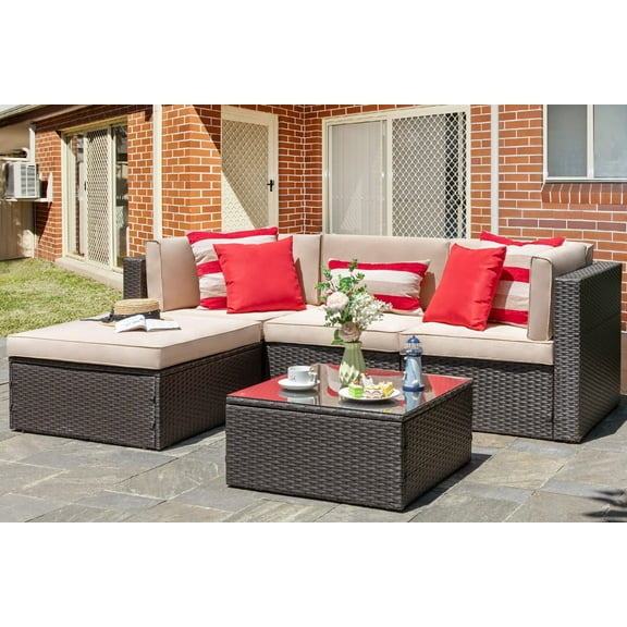 5 Piece Patio Furniture Sets, Outdoor Patio Set Sectional Sofa, All-Weather PE Rattan Outdoor Couch with Ottoman, Glass Table for Garden, Backyard, Porch, Beige