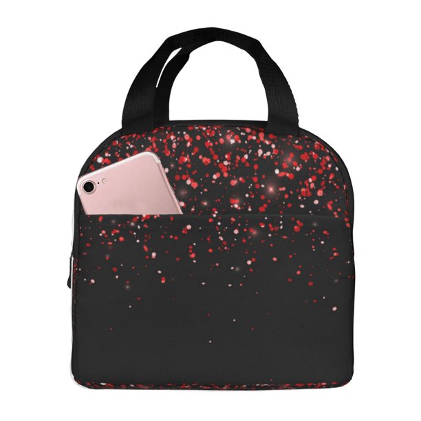 Easygdp Red Glitter1 Bolsa Térmica Premium - Tela Oxford Impermeable, Gran Capacidad, Bolsillo Frontal, Unisex para Trabajo, Escuela, Actividades al Aire Libre y Picnics