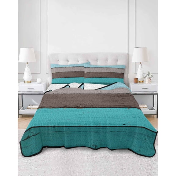 Quilts King Size, Aqua Grey Soft Comforter Bedding Set for Bed, Vintage Stripe Farmhouse Wood Grain Ombre Lightweight Quilted Bedspread with Pillow Cover(2 Pieces) for All Season, 96x106 Inch