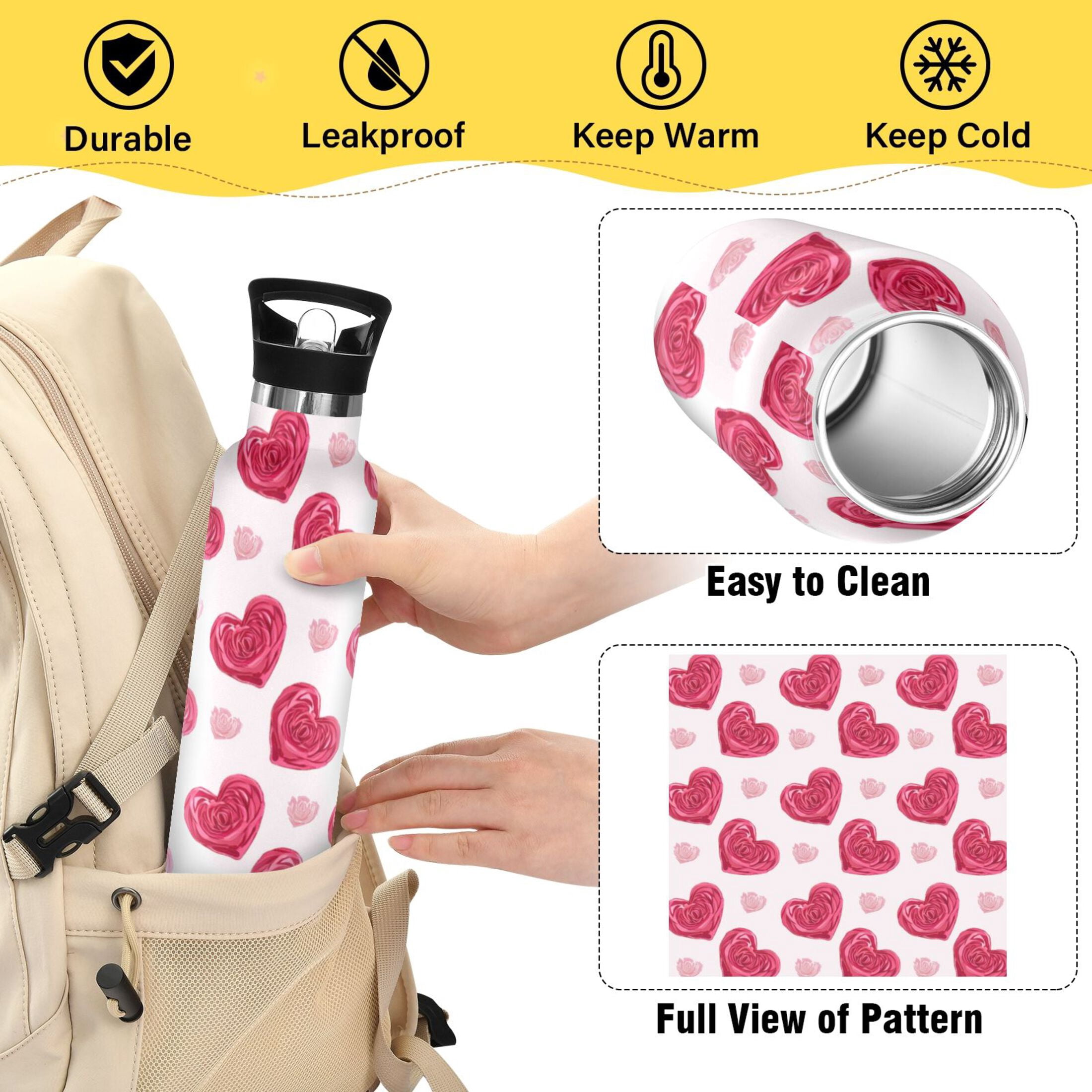 Kids Insulated Stainless Steel Sports Water Bottle 600ml Heart-shaped Rose Pattern