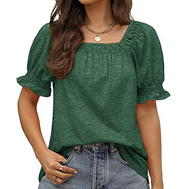 Drppepioner Womens Casual Solid Color Square Neck Short Sleeve Tops Blouses Army Green M
