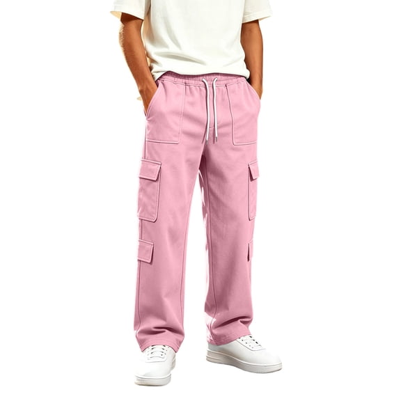 Jessboyy Boys Sweatpants 13-14 Years Elastic Waist Drawstring Boys Pants with Cargo Pockets Casual Straight Leg Sweatpant for Fall Winter School Pink