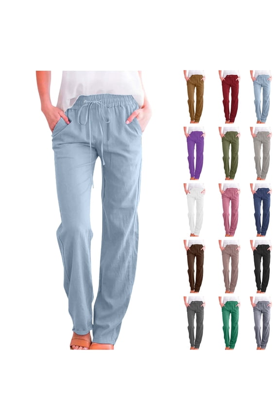 Womens Cargo Pants Casual Solid Cotton Linen Drawstring Elastic Waist Loose Pants Straight Wide Leg TrousersLong Straight Pants