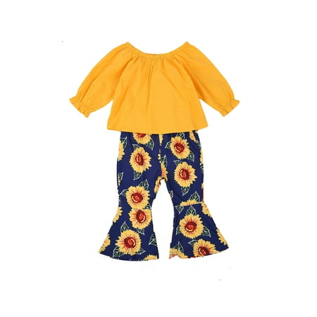 

RUEWEY Baby Girls Long Sleeve One-shoulder Top Sunflower Print Flare Pants 2Pcs Suit
