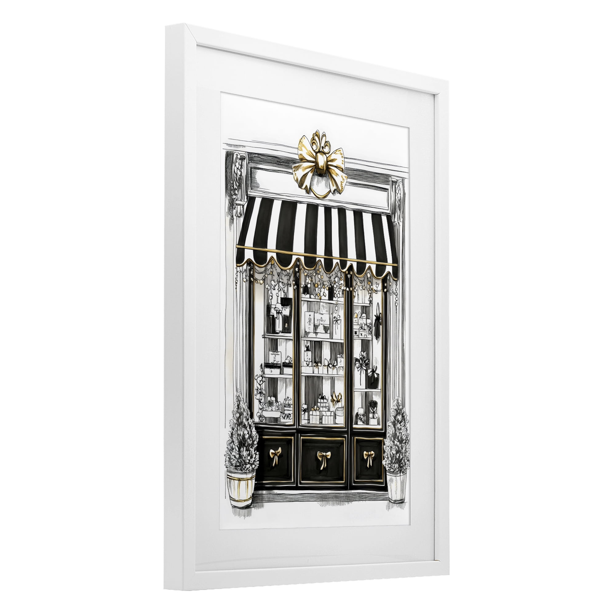 Stupell Industries Striped Paris Shop Facade White Framed Print Under Glass, design by Petal Prints Design
