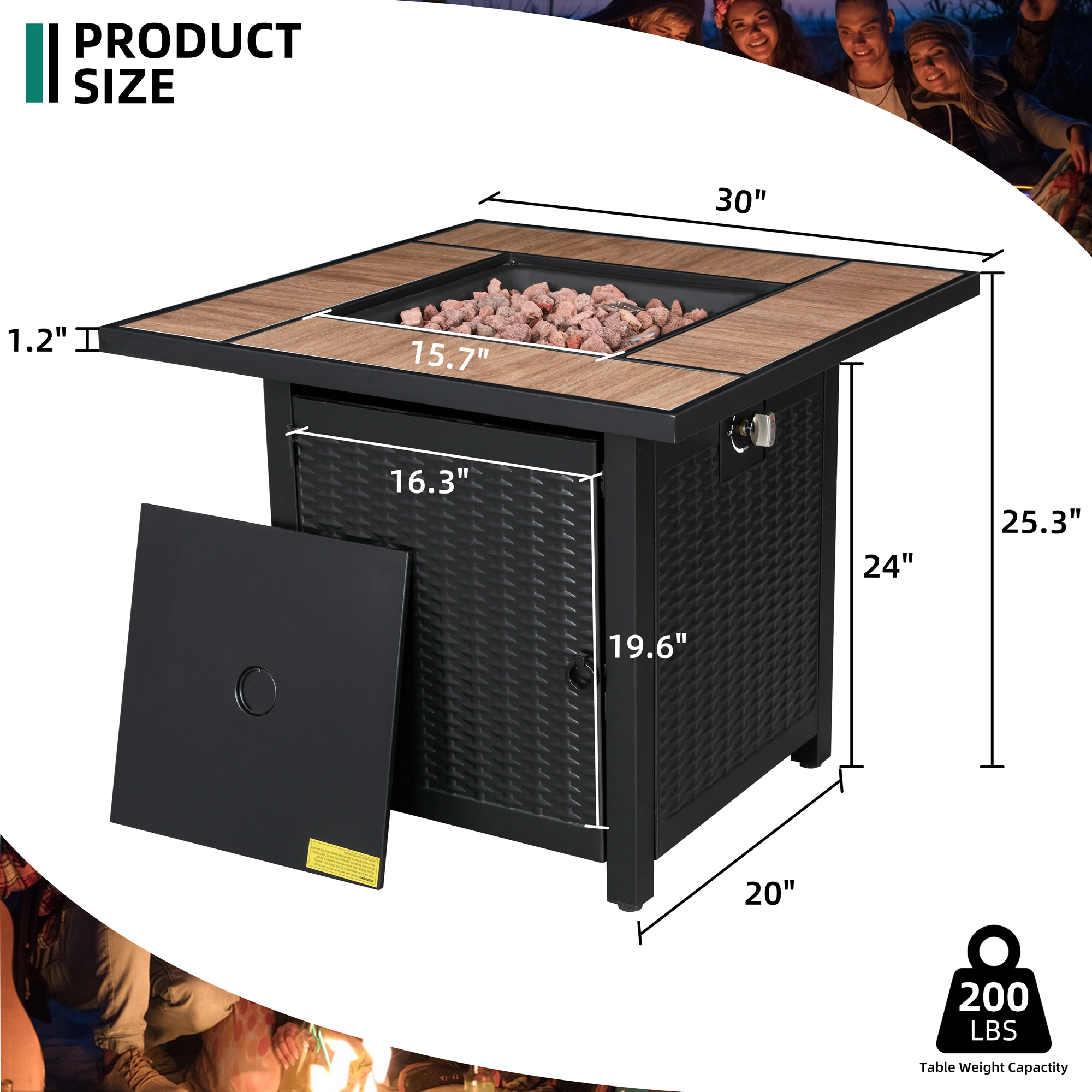 Walsunny 30" Propane Gas Fire Pit Table 50,000 BTU Square Outdoor Wicker Walnut Wood - image 5 of 9