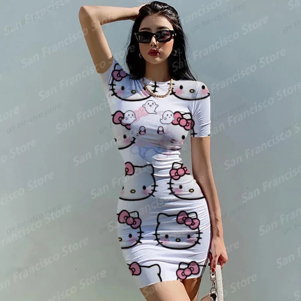 Summer New Dress Girl Hello Kitty Printed Short Sleeve Dress Mother ...