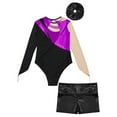 thumbnail image 4 of Alvivi Kids Girls 3Pcs Gymnastic Outfits Ballet Dance Leotard Long Sleeve Bodysuit with Booty Shorts Purple&Black 12, 4 of 5