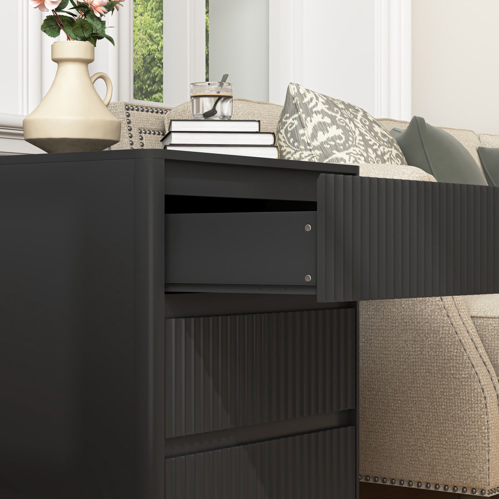 Hommoo Modern Wood 3-Drawer Fluted End Table Set of 2, Bedside Table Nightstand Set with Fast USB Charging Station, for Living Room,Bedroom,Office, Black