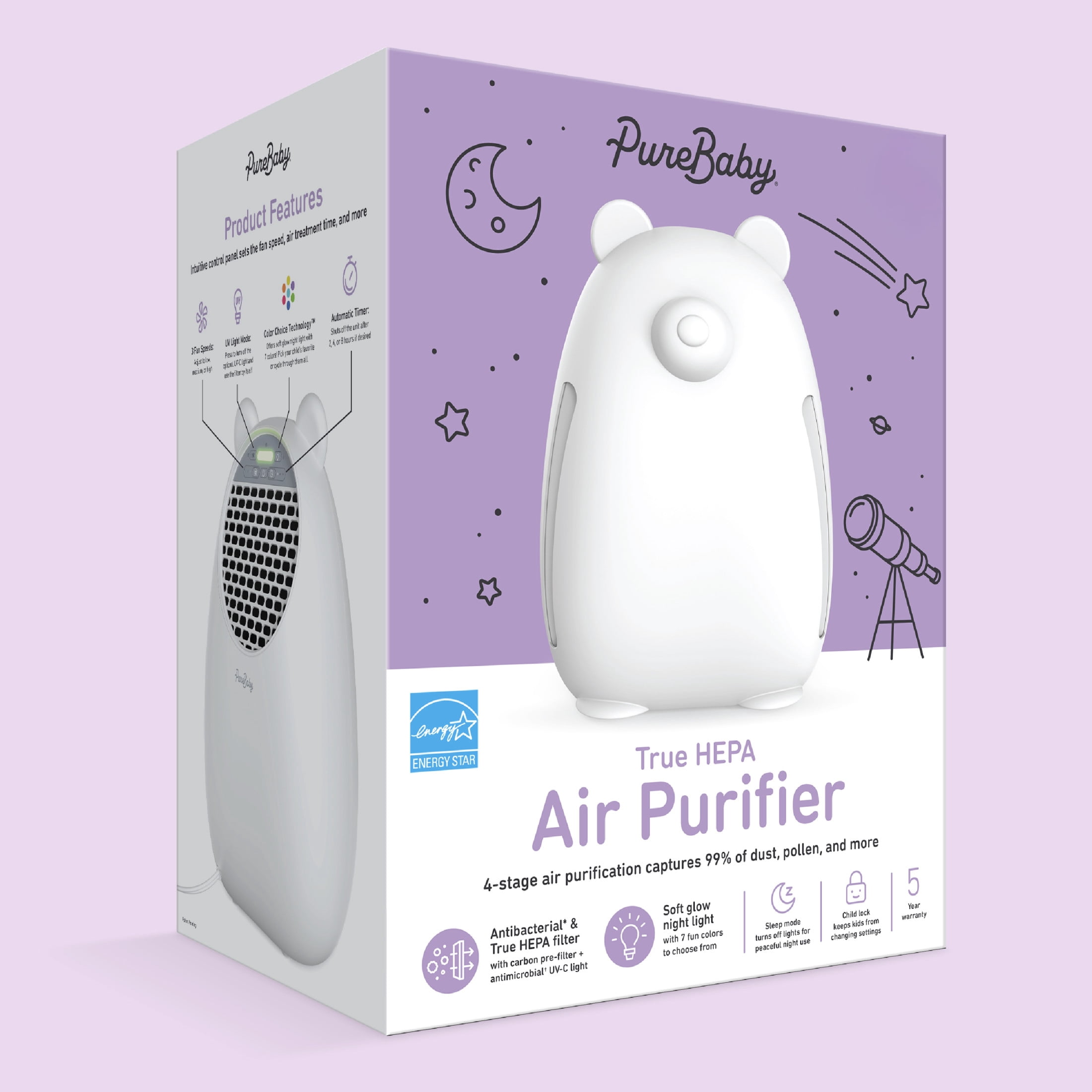 Pure Enrichment PureBaby Kids Bear Air Medium-Large Rooms True HEPA, UV-C Air Purifier, White