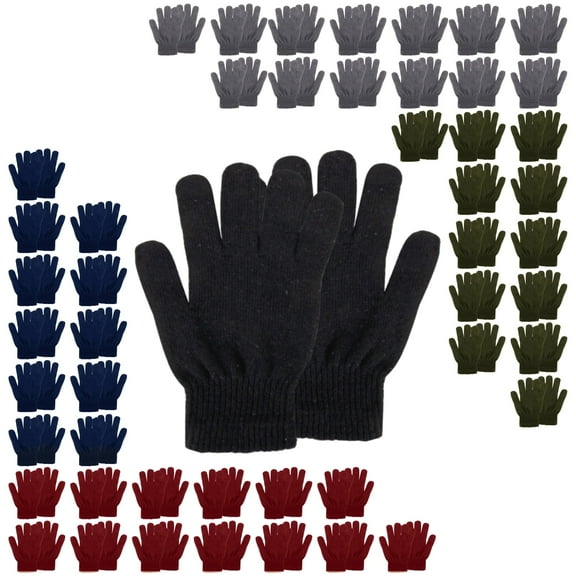 50 Pack of Bulk Wholesale One Size Children’s Knit Stretch Cold Winter Weather Gloves for Boys, Girls and Donation Drives for Cold Climates and Temperatures in Black, Gray, Navy Blue, Green & Red