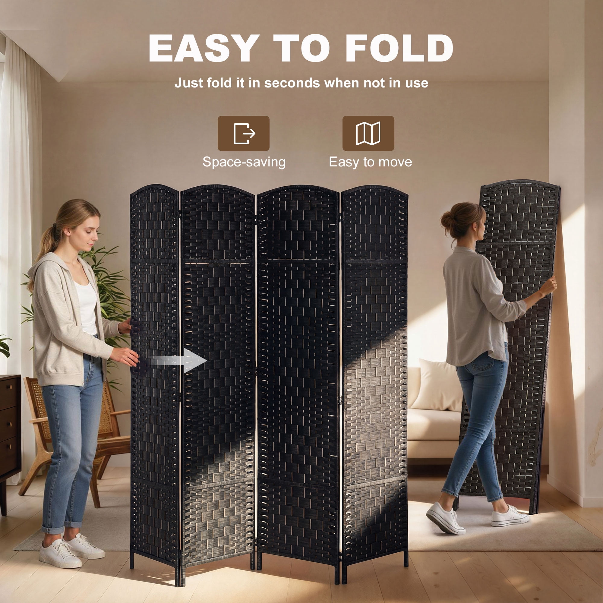 HOMCOM Room Divider, 4 Panel Folding Privacy Screen, 70.9" Tall Portable Wicker Weave Partition Wall Divider for Bedroom, Home Office, Coffee
