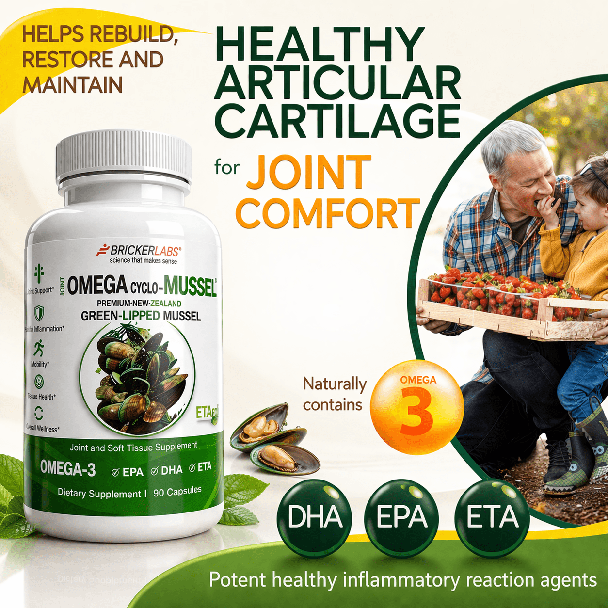 Bricker Labs Omega Cyclo - Mussel Joint Health Supplement, Premium New Zealand Green Lipped Mussel, Full Spectrum Omega Joint Supplements for Joint Health and Comfort, 90 Capsules