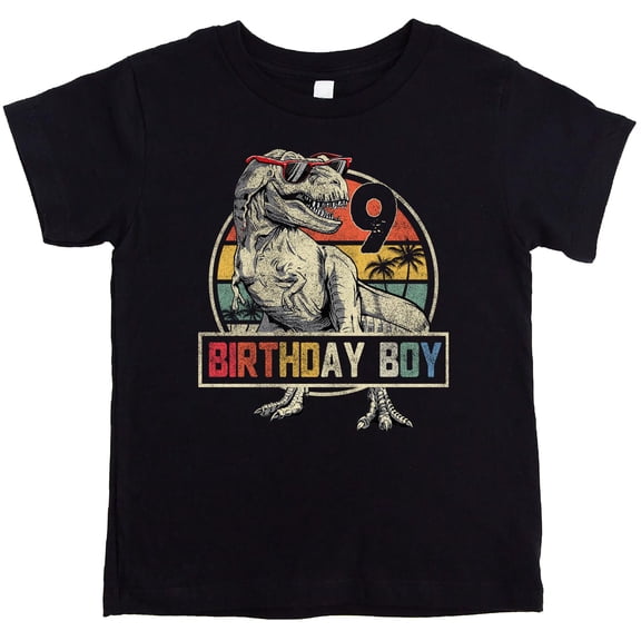 Birthday Boy Cool T-Rex in Sunglasses Shirt for Kids 9th Birthday Dinosaur Theme Tee Black Shirt Youth Small