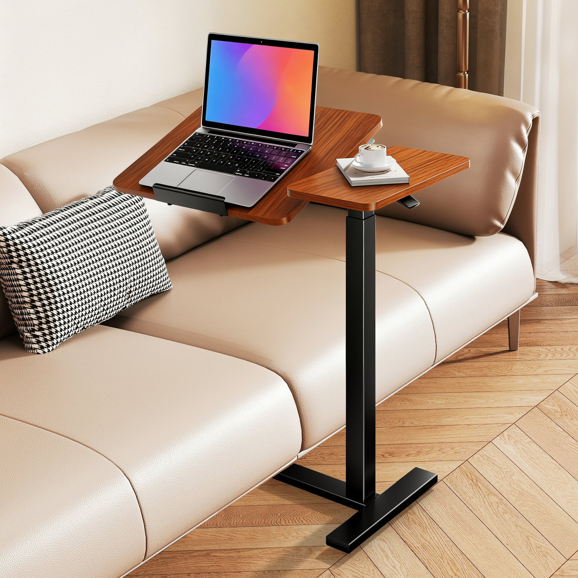 ZUNMOS Overbed Bedside Lap Desk with Wheels and Tilt Top, Mobile Standing Lap Desk Pneumatic Adjustable Height for Home Office Bedroom Sofa, Brown