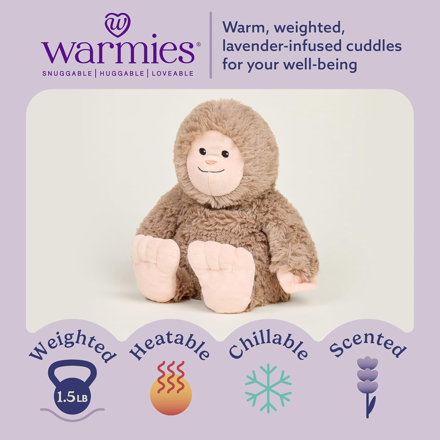 warmies 13” Bigfoot Stuffed Animal, Microwavable Heated Plushies and Weighted Soft Plush Toys