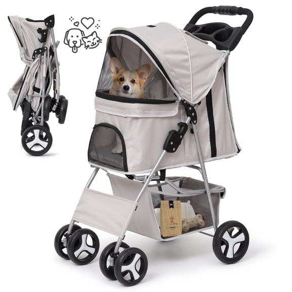 Naipo Pet Dog Stroller for Small Dogs and Cats,One-Click Folding 4-Wheel Pet Stroller with Storage Basket/Cup Holder,for Travel/Jogging, Gray