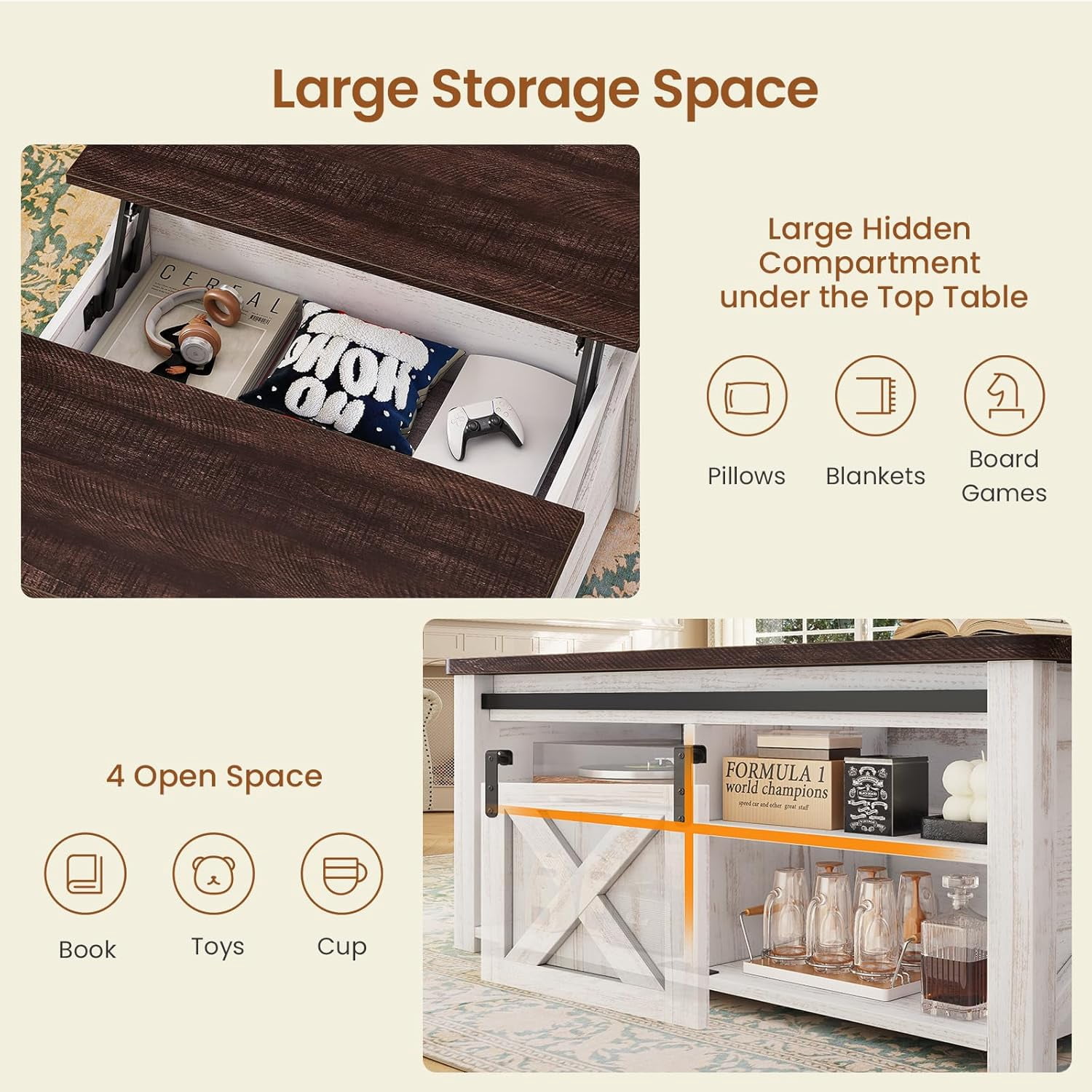 31.5" Square Lift Top Coffee Table, Farmhouse Coffee Table with Ample Storage, Wood Center Table with Sliding Doors and Large Hidden Space for Living Room Home Office, Vintage White