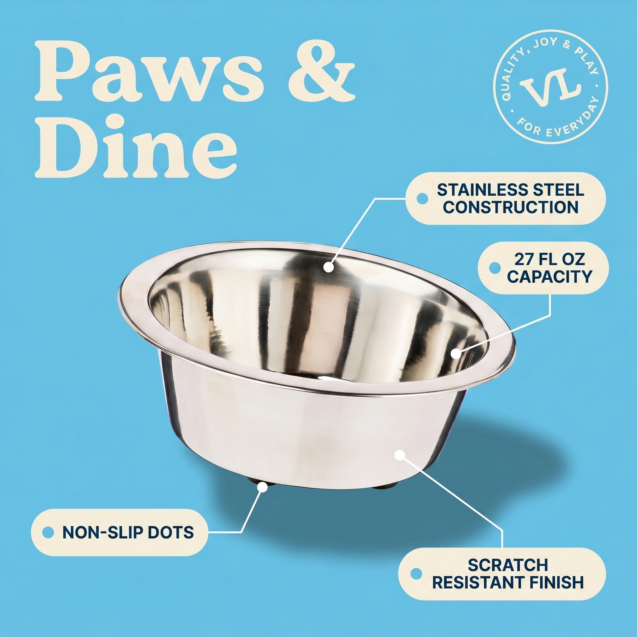 Vibrant Life Small 3.4-Cup Stainless Steel Pet Bowl, Silver