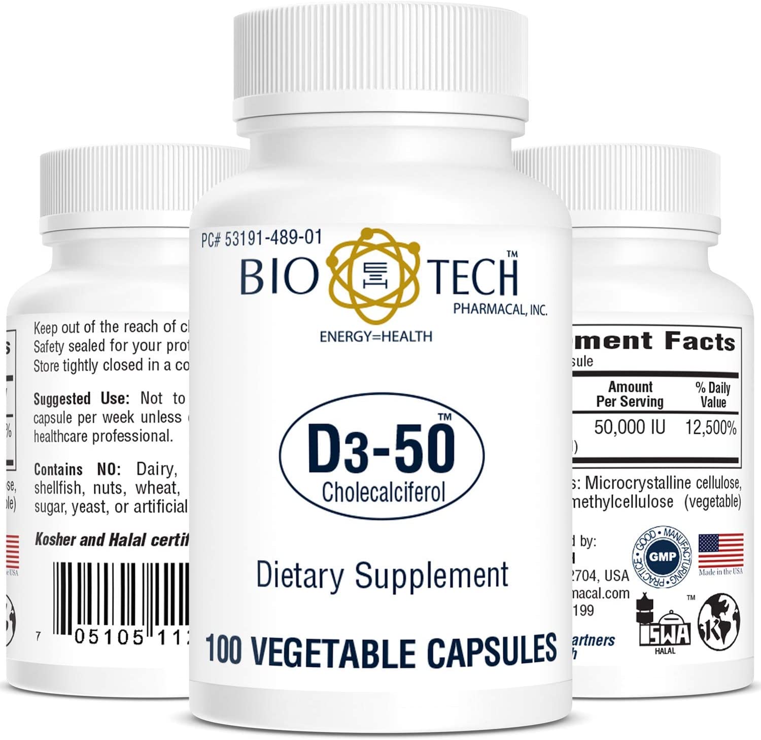 Bio-Tech Pharmacal D3-50 50,000 IU, 100 Vegetable Capsules – All-Natural Supplement – Supports Bone & Immune Health – No Dairy, Fish, Gluten, Peanut, Shellfish, & Soy