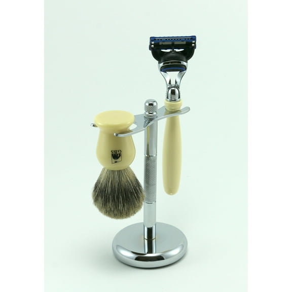 Shaving Gift Set 3 Pc with Faux Ivory 5 Blade Razor, Pure Badger Brush and Chrome Stand From GBS