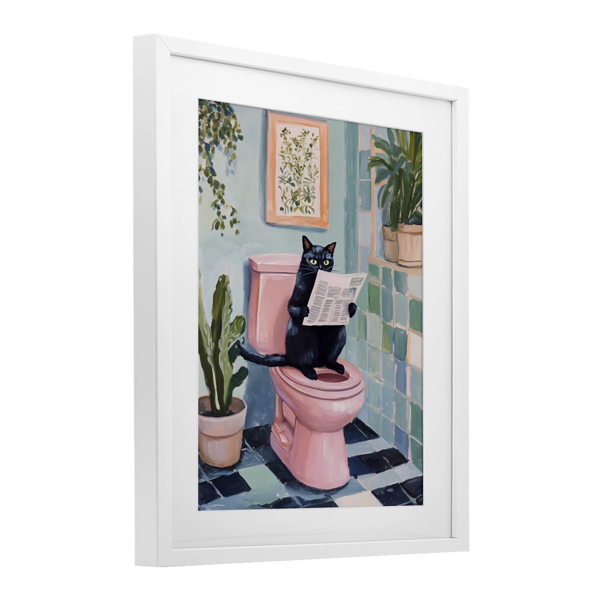 Stupell Industries Cat Reading on Pink Toilet White Framed Print Under Glass, design by The Prints Vibe